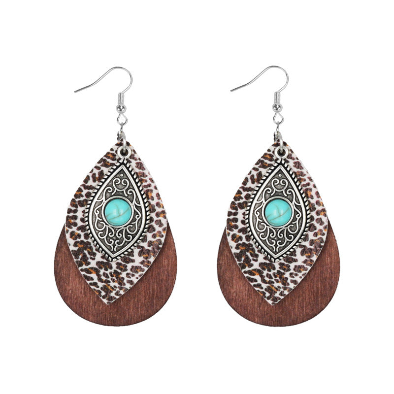 Wholesale Blue Turquoise Alloy Wood Leather Multi Layer Combination Earrings
